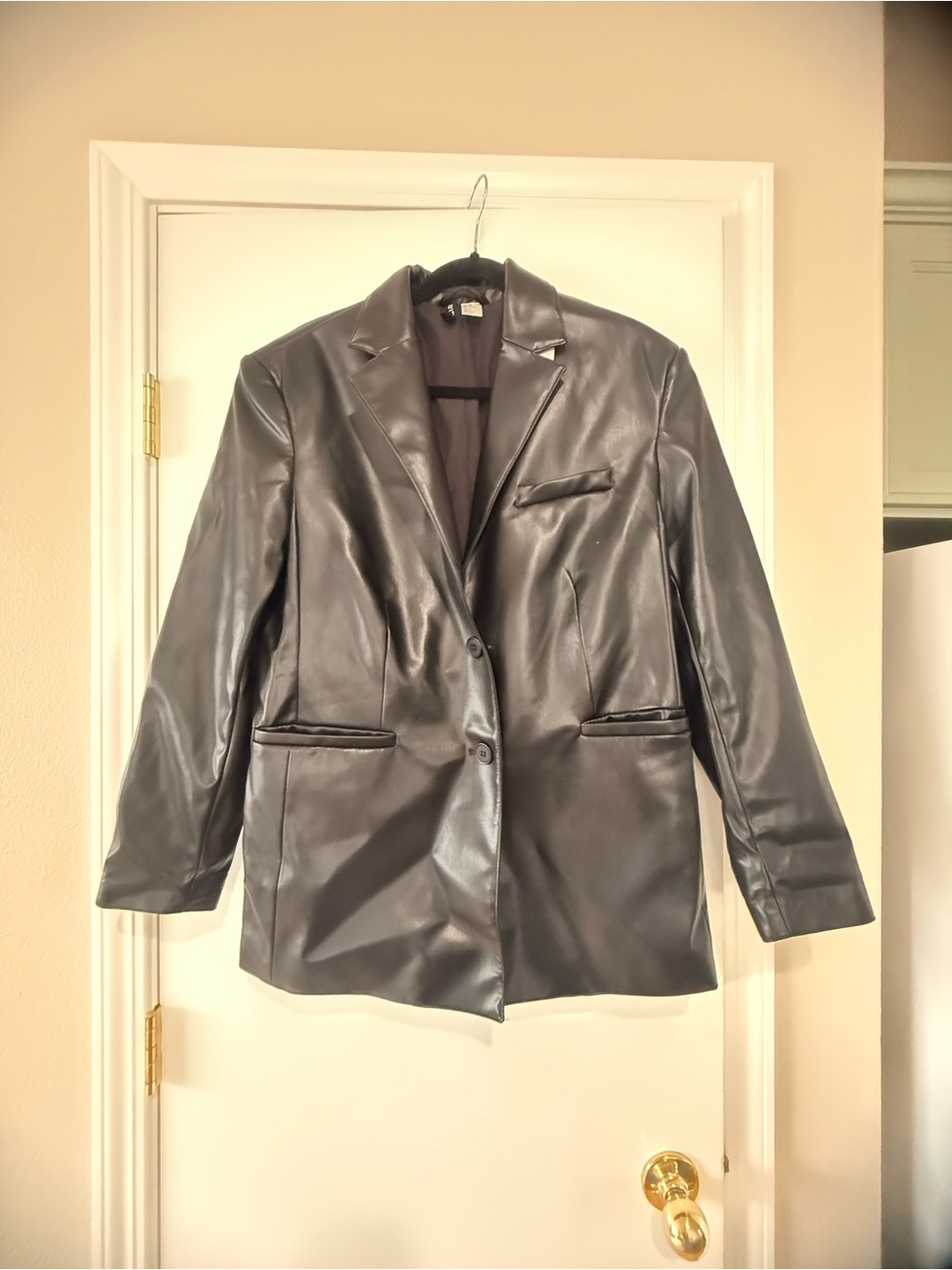 Classic Black Faux Leather Blazer Jacket